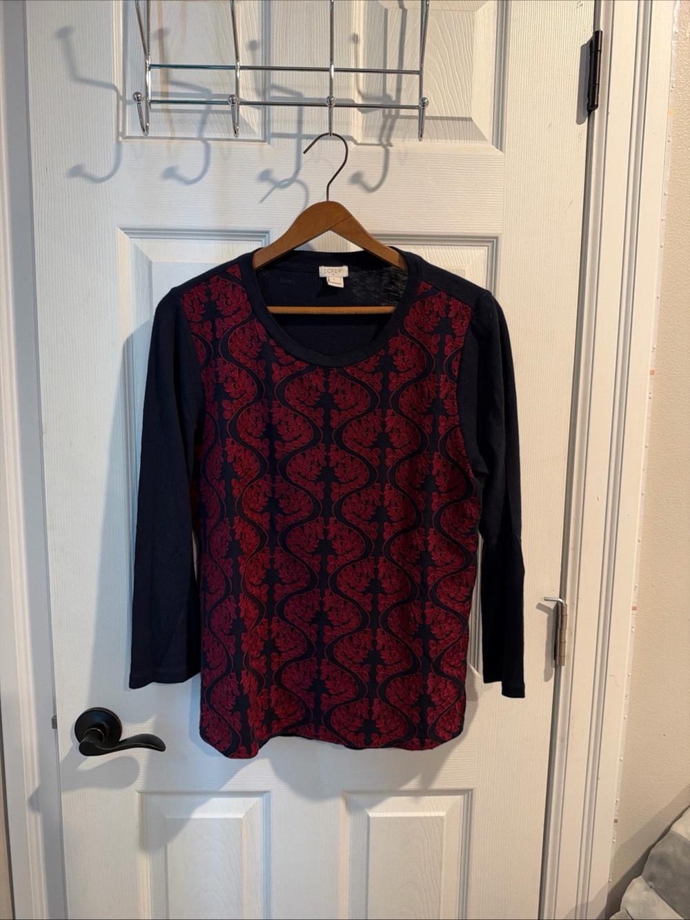 J. Crew Navy and Burgundy Long Sleeve Patterned Tee